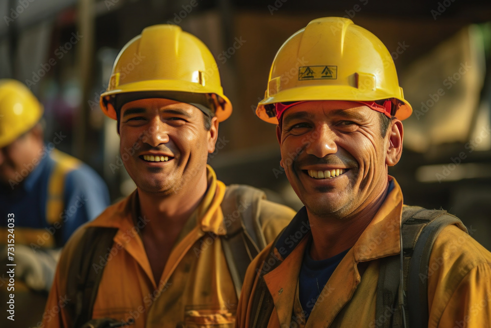 Happy construction workers wearing uniforms on construction site. Happy construction workers wearing uniforms on construction site.