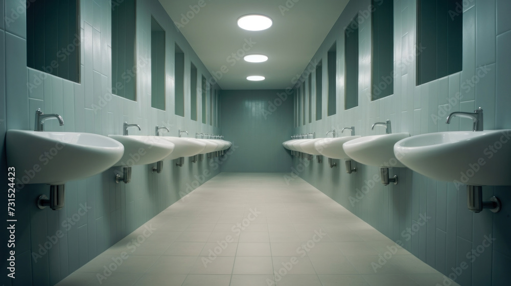 Interior of bathroom with sink basin faucet lined up and public toilet urinals, Modern bathroom design. Interior of bathroom with sink basin faucet lined up and public toilet urinals, Modern bathroom design.