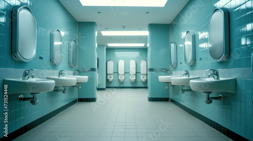 Interior of bathroom with sink basin faucet lined up and public toilet urinals, Modern bathroom design.