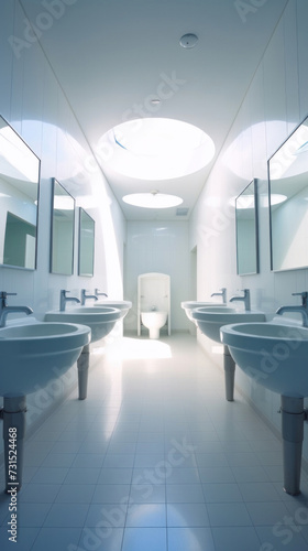 Interior of bathroom with sink basin faucet lined up and public toilet urinals  Modern bathroom design.