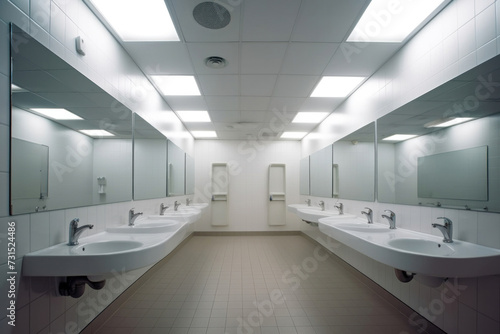 Interior of bathroom with sink basin faucet lined up and public toilet urinals, Modern bathroom design.