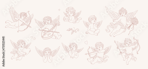 Vintage cherub outlines and line art for valentines day, Isolated cupid baby greek statues in outline style. retro little angels collection