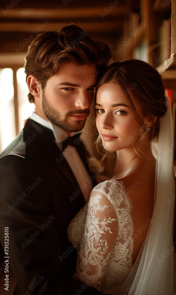 fashion interior photo of beautiful couple with dark hair in luxurious wedding dresses