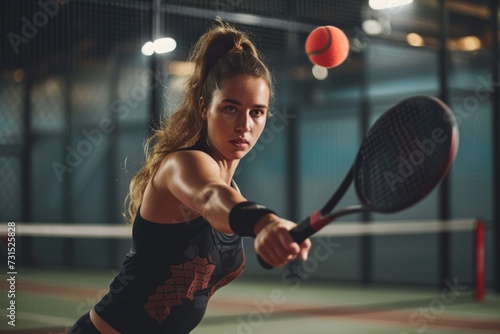 A beautiful woman is playing padel indoor photo