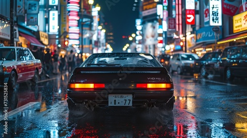Retro Aesthetics  80s Japanese Cityscape with a Vintage Sports Car