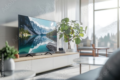 A smart TV mockup is shown on the cabinet in a modern living room