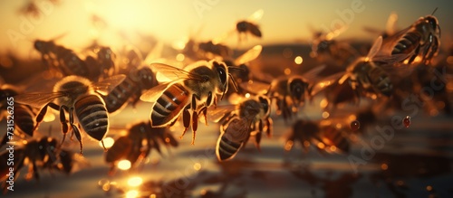 A swarm of bees flying around in the air at sunset photo
