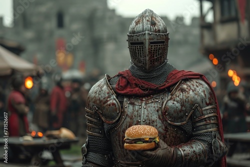 A medieval knight in armor stands with a hamburger in his hands against the background of the castle