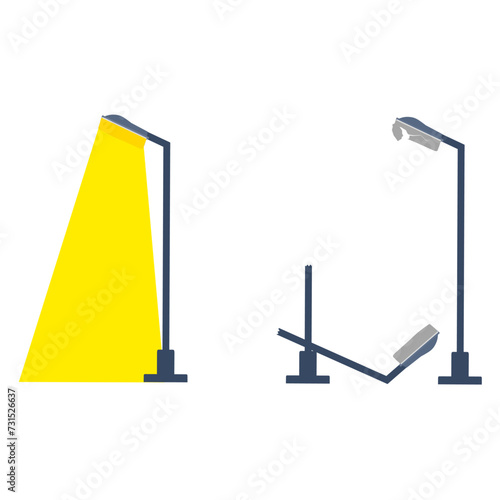 Vector illustration of a destroyed electric street light pole containing an extinguished light, a broken pole and a light still on. Interior street lighting that looks old and outdated.