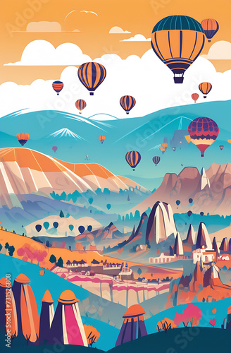 Hot air balloon flight over a sandstone desert landscape. Turkey, Cappadocia. illustration. The photo is of high quality. Made with the help of artificial intelligence.