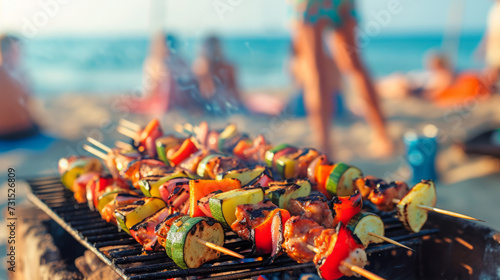 Summer bbq concept image with skewers on a hot barbecue on the beach with people in background