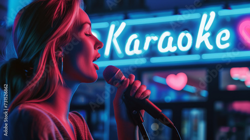 Karaoke night concept image with a young woman singing at karaoke in a bar next to a sign photo