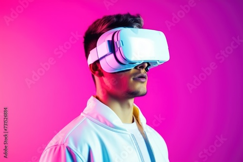 A young man in a suit and virtual reality glasses. A studio shot on a pink background