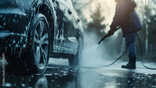 Washing a car with a high pressure washer