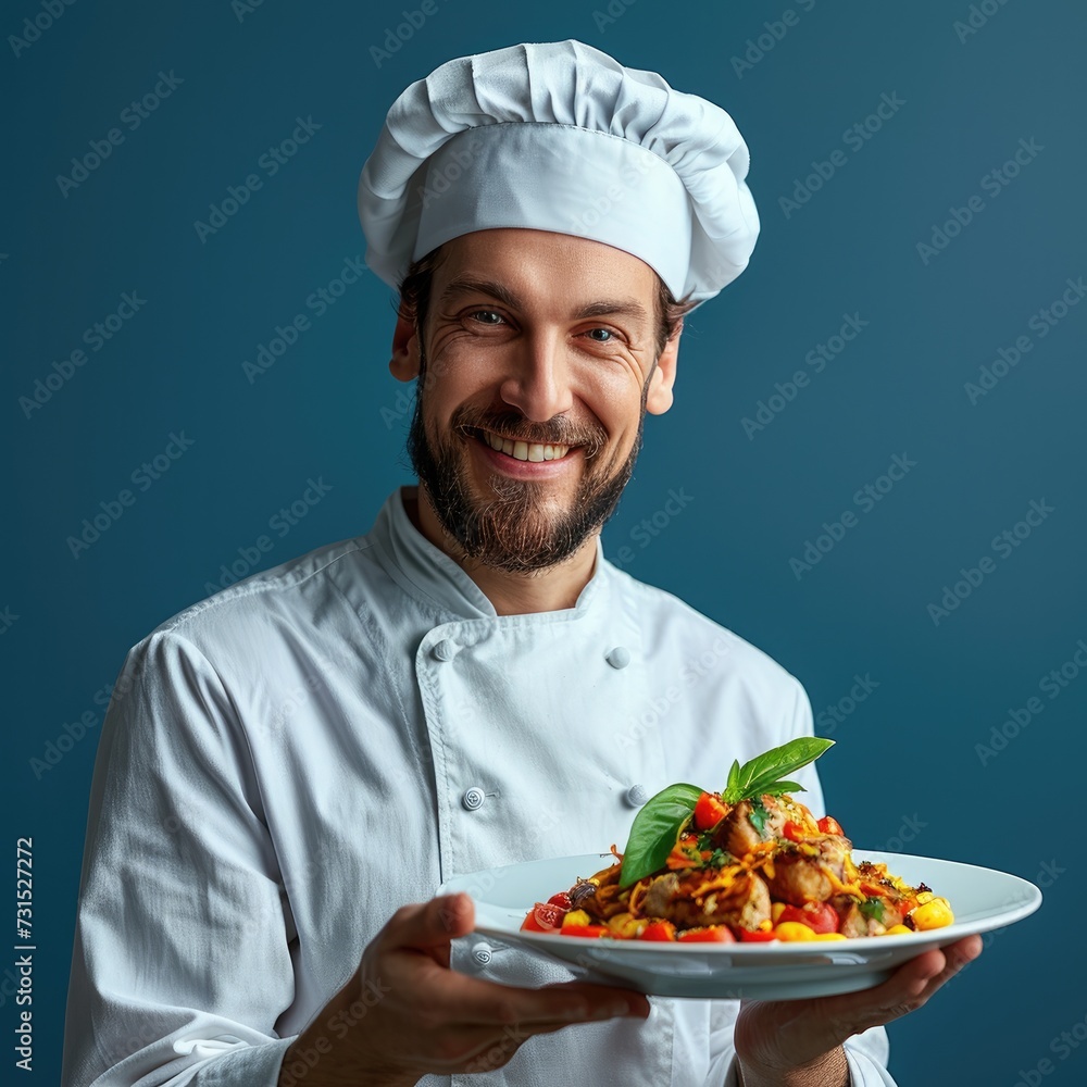 male smiling chef holding plate with food male smiling chef holding plate with food