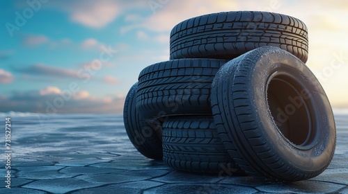 Car tire set. Stacks of car tires lie on their sides on top of each other.  Wheels summer and winter. © Zahid