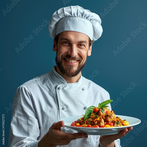 male smiling chef holding plate with food