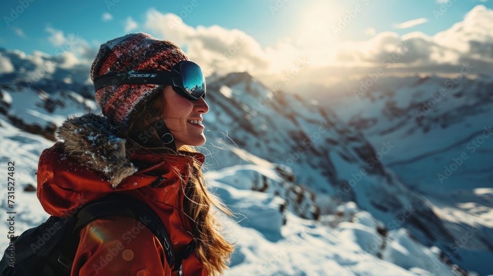 Woman with Ski goggles on the snow mountain