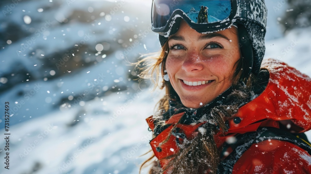 Woman with Ski goggles and Ski helmet on the snow mountain Woman with Ski goggles and Ski helmet on the snow mountain
