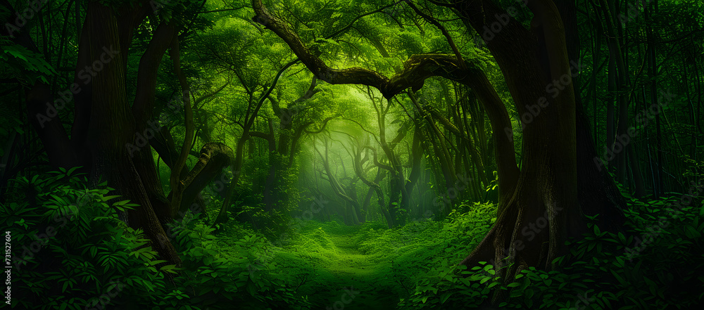 Fototapeta premium A vibrant green lush forest with numerous trees, rich grass, and sunlight creating exotic fantasy landscapes. The scene evokes the essence of Southeast Asia's deep tropical jungles.