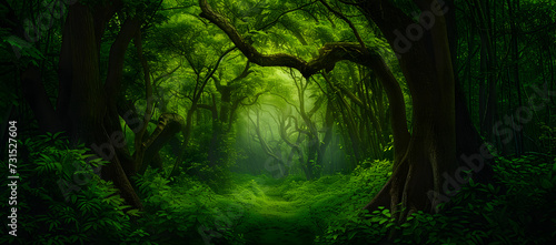 A vibrant green lush forest with numerous trees  rich grass  and sunlight creating exotic fantasy landscapes. The scene evokes the essence of Southeast Asia s deep tropical jungles.