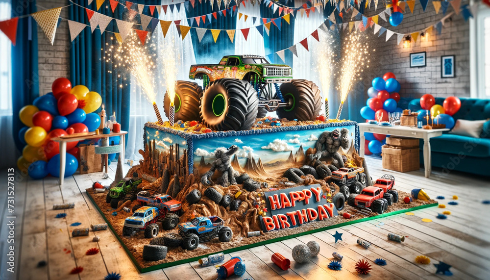 Happy birthday cake background, sprinkles and brithday. Theme  for a boy who loves monster trucks. Birthday card with balloons.Template for design banner,ticket, leaflet, card, poster and so on. 