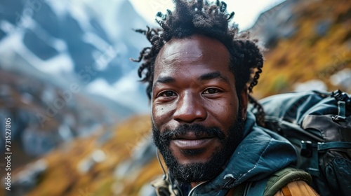 handsome African American man, hiker selfie on the mountain