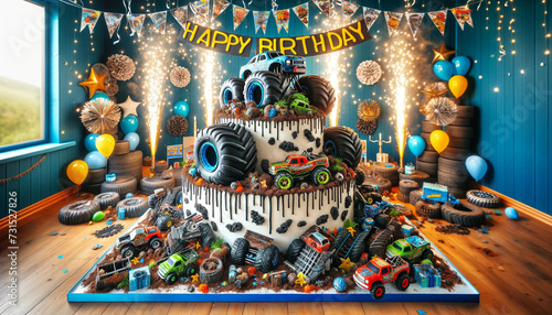 Happy birthday cake background, sprinkles and brithday. Theme for a boy who loves monster trucks. Birthday card with balloons.Template for design banner,ticket, leaflet, card, poster and so on. 