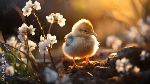 Spring Chick: Amidst Blooms, the Adorable Chicken Basks in Sun Rays, with Seasonal Panoramic Background for Copy Space. © pawczar