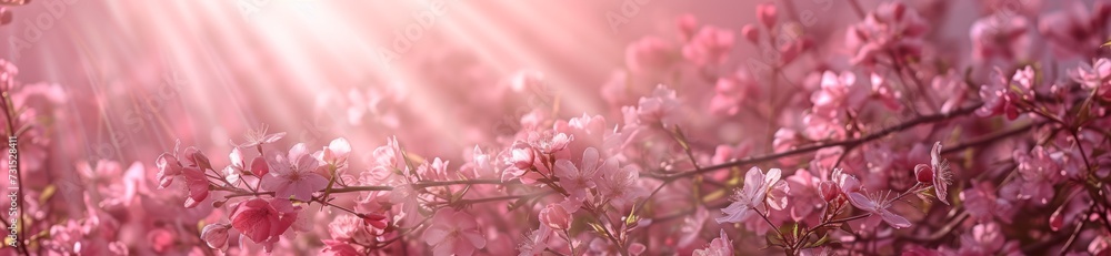 Blooming pink cherry tree branches illuminated by soft sunlight create a dreamy and romantic atmosphere, a banner perfect for spring themes