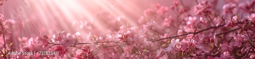 Blooming pink cherry tree branches illuminated by soft sunlight create a dreamy and romantic atmosphere, a banner perfect for spring themes