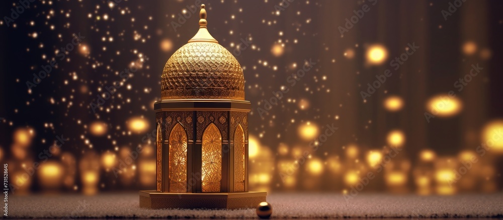 Elegant Ramadan Kareem background with mosque and golden lights. - obrazy, fototapety, plakaty 