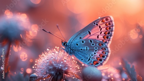 Natural pastel background. Morpho butterfly and dandelion. Seeds of a dandelion flower in droplets of dew on a background of sunrise. Soft focus. Copy spaces © piumi