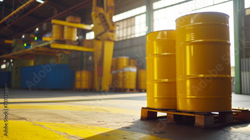 Two yellow barrels in a warehouse.