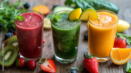 3 glasses with healthy smoothy, fruits,