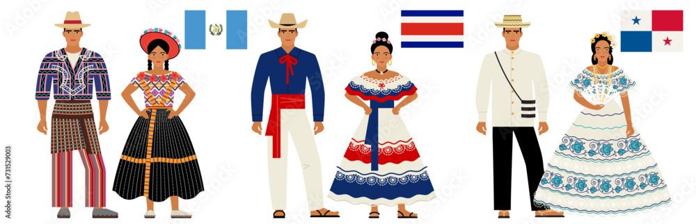 flags and national costumes of Central American countries