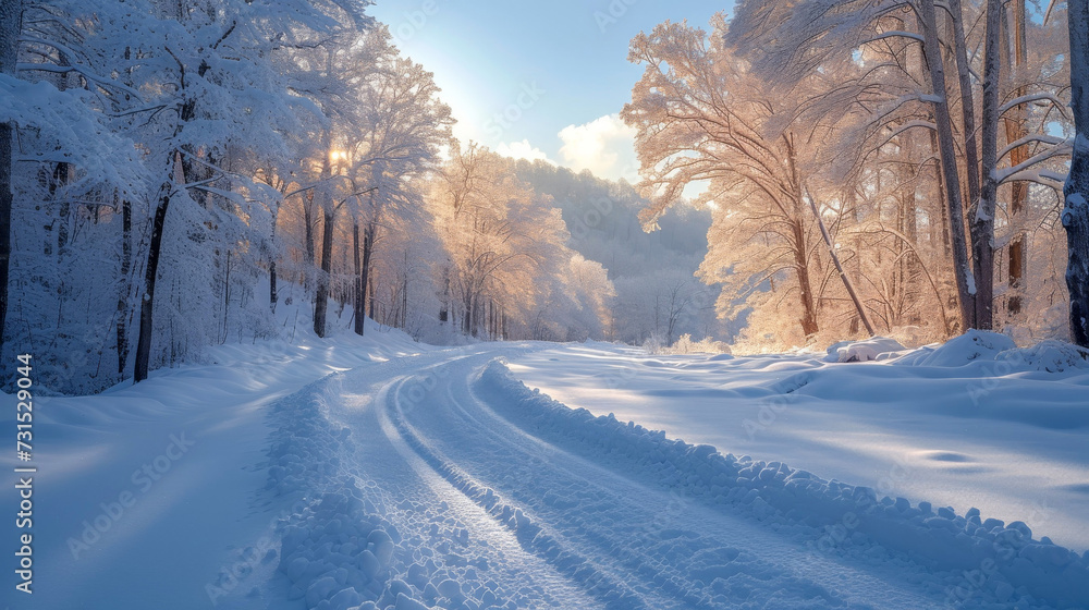 Sunlit Snowy Forest Road with Frosty Trees in Winter Wonderland
