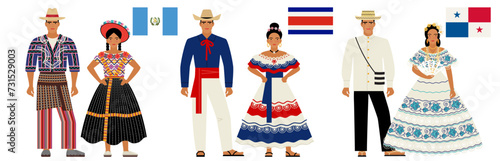 flags and national costumes of Central American countries