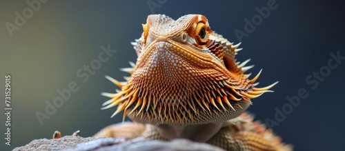 A bearded dragon, a terrestrial animal, captured in a close-up through macro photography, looking at the camera.