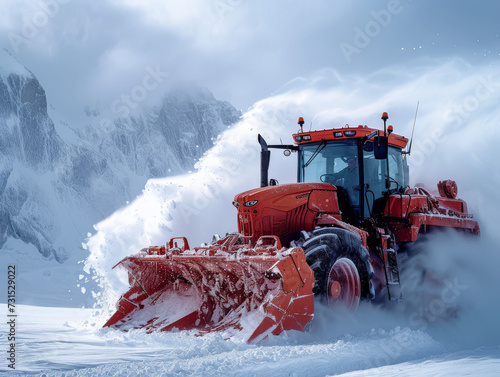 Red Snowplow Clearing Blizzard Snow in Mountainous Terrain 