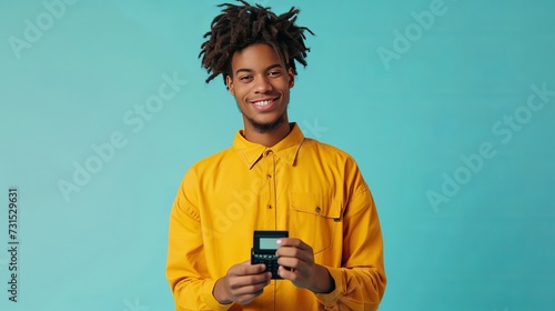 Young man of African American ethnicity 20s wears a yellow shirt hold wireless modern bank payment terminal to process acquire credit card payments isolated on light blue background studio. photo