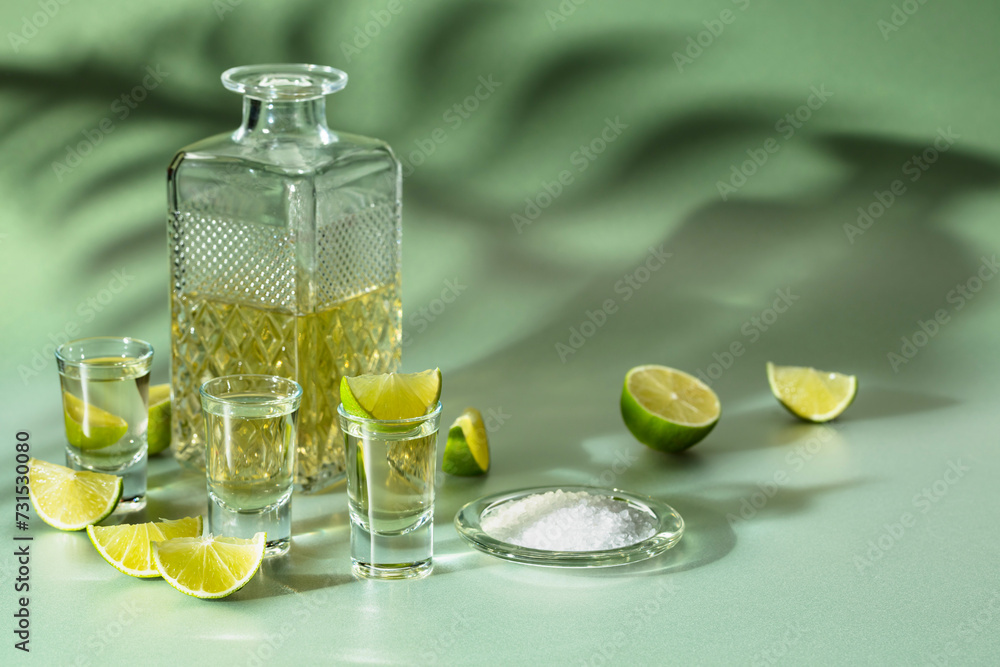 Tequila with salt and lime slices on a green background. Tequila with salt and lime slices on a green background.