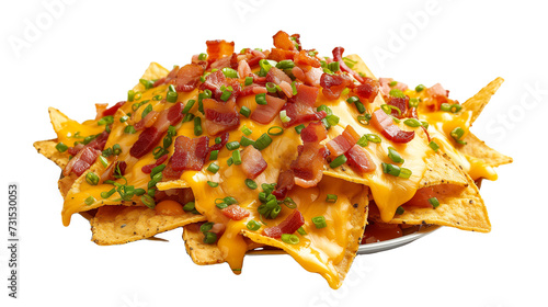 Deluxe Nachos with Shredded Cheddar and Diced Bacon on White Background