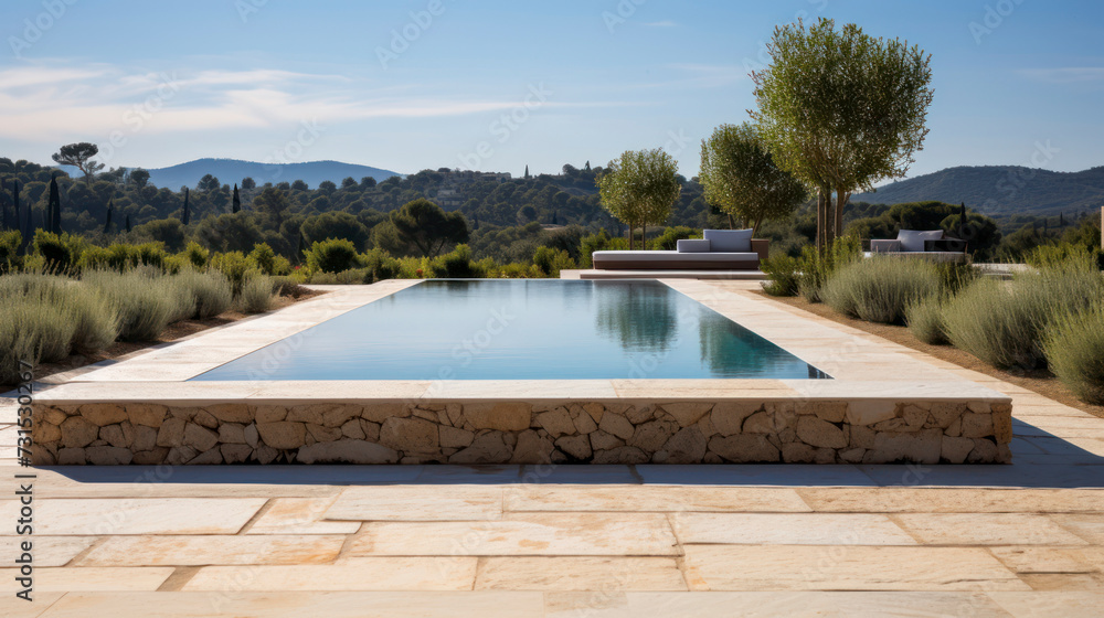 A natural stone pool with a meticulously designed Teresa Gali - Izard landscape garden in a cozy Spanish modern luxury minimalist villa and a deep blue sky. Generative AI