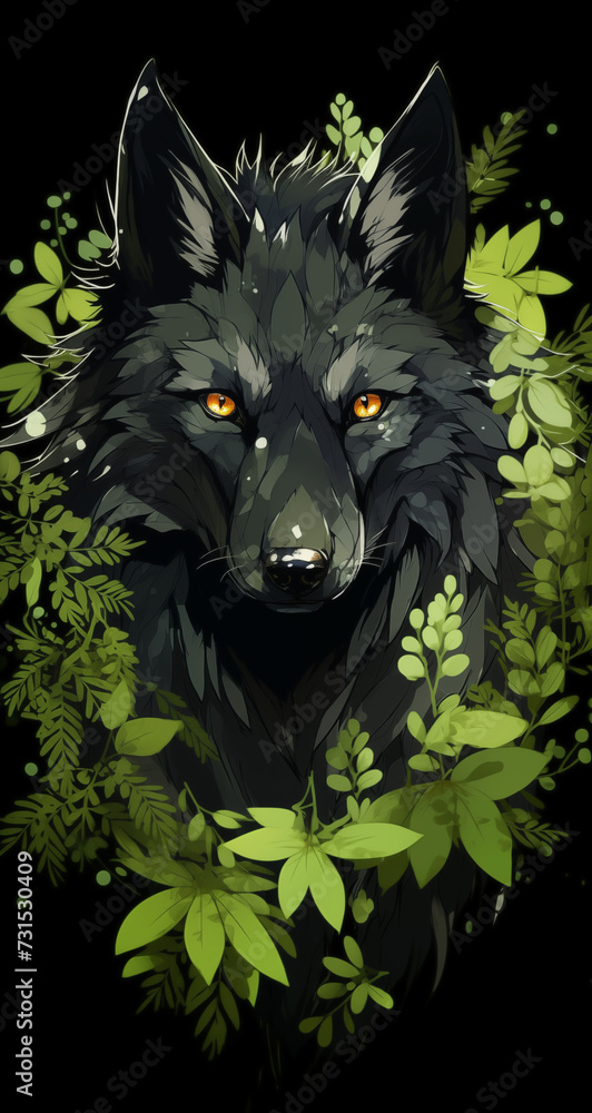 black wolf with green leaves on black background for cellphones, mobile phone.. black wolf with green leaves on black background for cellphones, mobile phone..