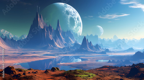 Surreal Extraterrestrial Landscape with Giant Planet Reflection in Water
