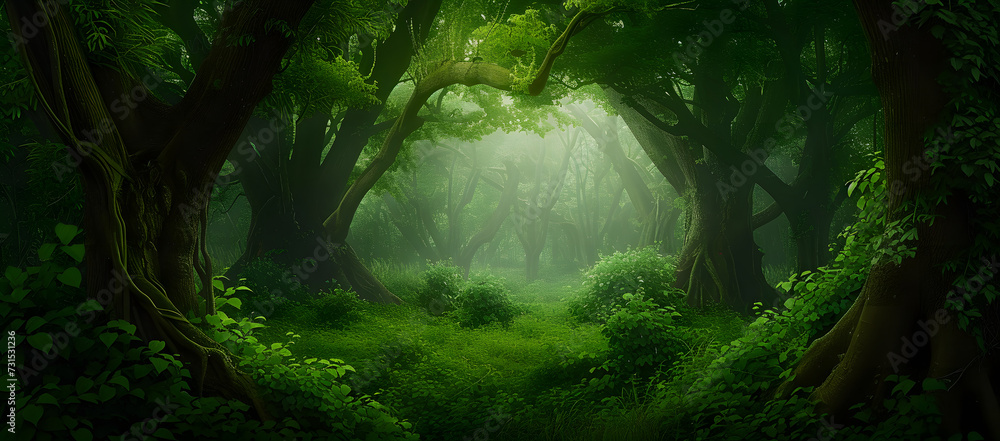 Fototapeta premium A vibrant green lush forest with numerous trees, rich grass, and sunlight creating exotic fantasy landscapes. The scene evokes the essence of Southeast Asia's deep tropical jungles.