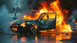 Burning Car in Urban Street Incident
