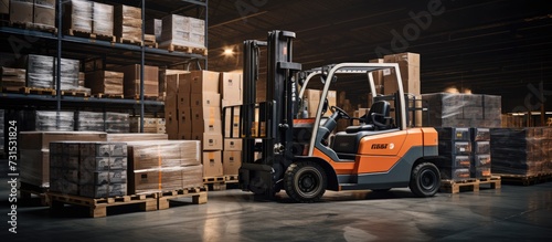 Load beverage crates, forklifts and trucks in industrial hall