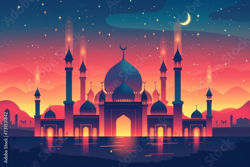 night scene showcasing a majestic mosque with towering minarets, under the gleaming moon and sparkling stars